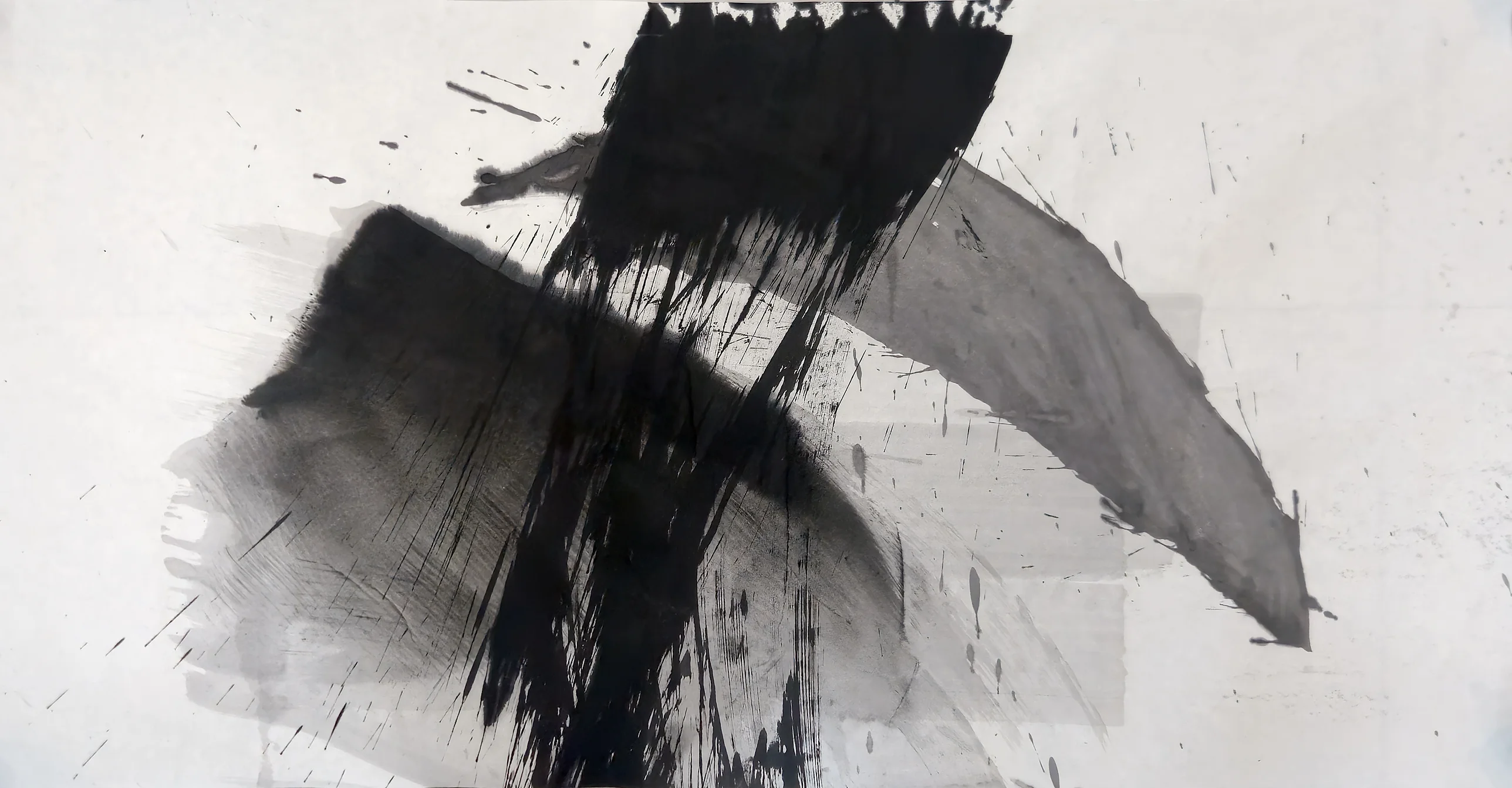 A black vertical band, streaked below, crosses a dark left arc and a pointed grey right arc, with spatter on pale paper.