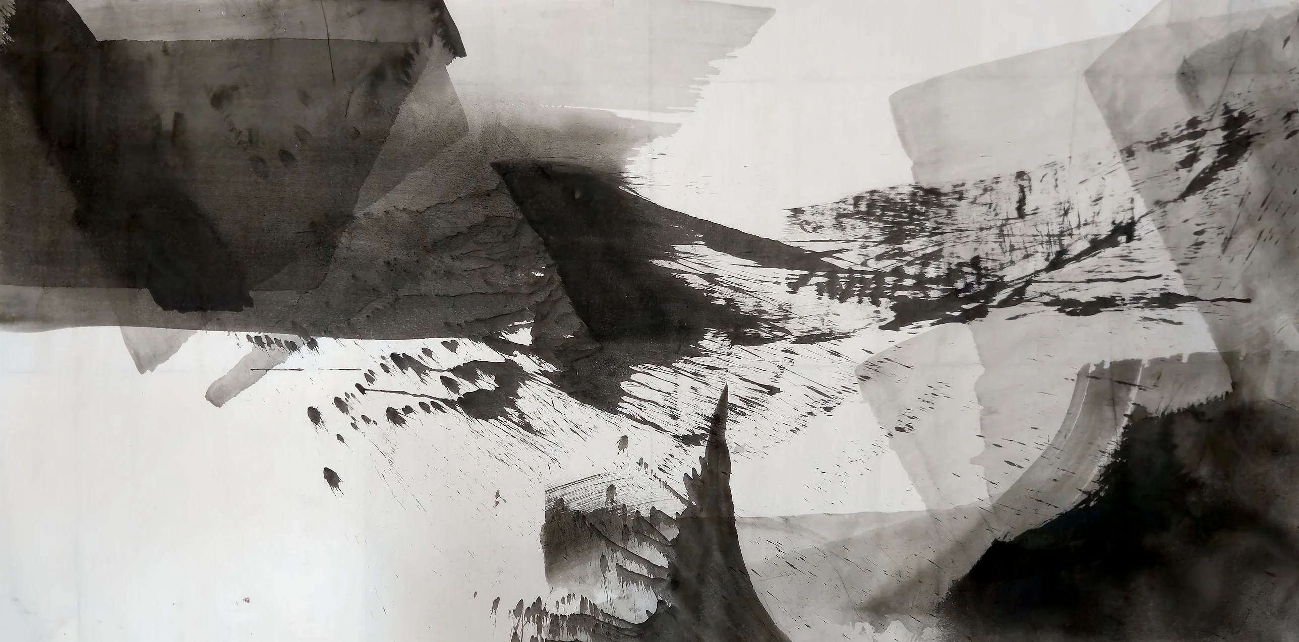 Wide grey and black ink: dark trapezoid upper left, black wedge centre streaking right, pale planes right, cloudy black mass bottom right.