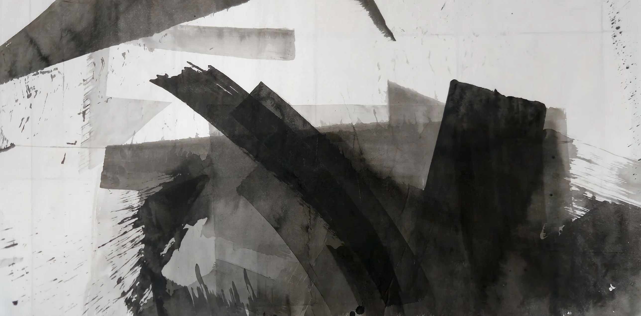 Black and grey ink bands arc diagonally across pale paper, beside a tall black block at right, with a dark mass at lower right and spatter.