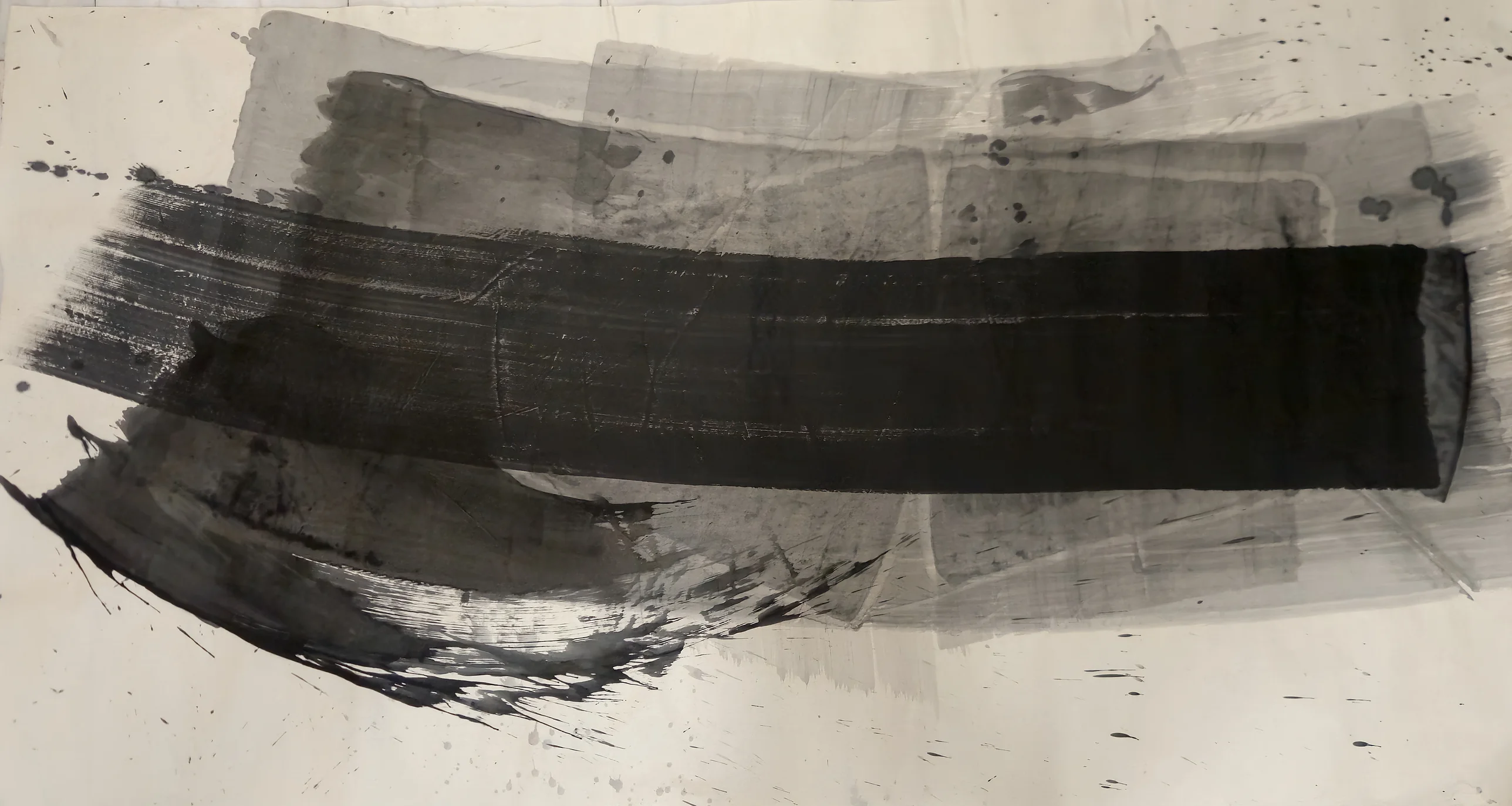A thick black horizontal band crosses grey rectangular washes on pale paper, with a ragged dark sweep at lower left and scattered spatter.