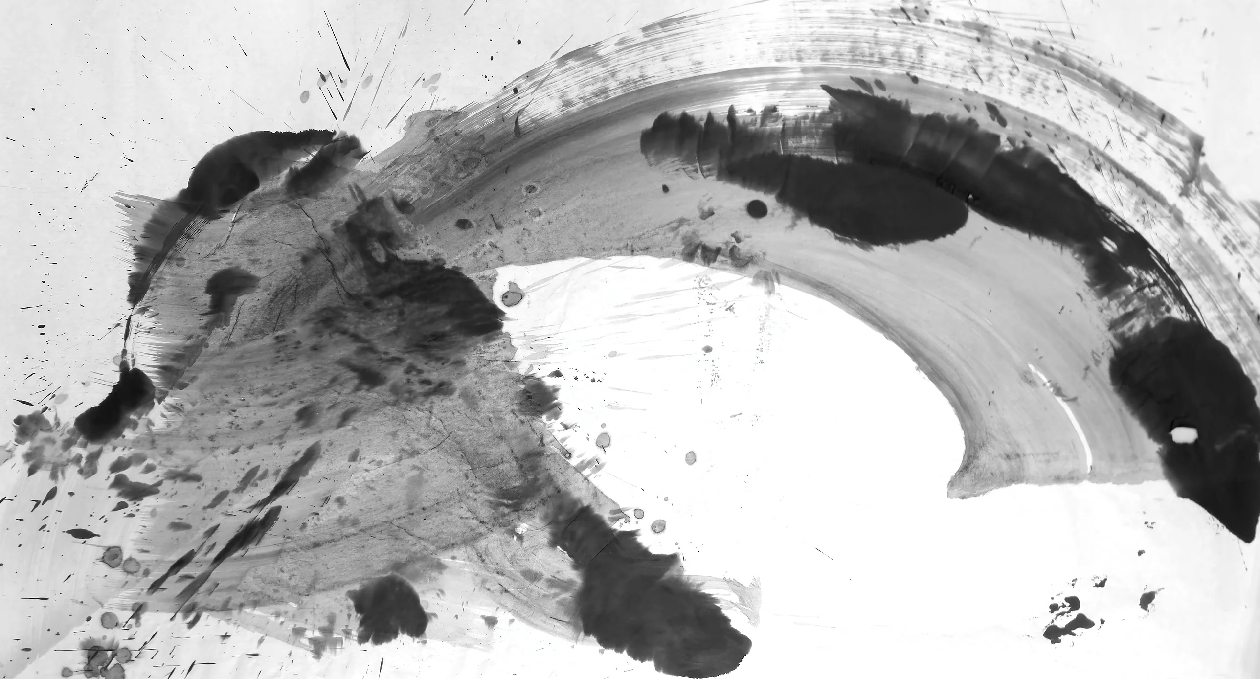 A broad grey brushstroke arcs left to right over a white oval, ending in a black tip at right; grey wash and black blots crowd the left.