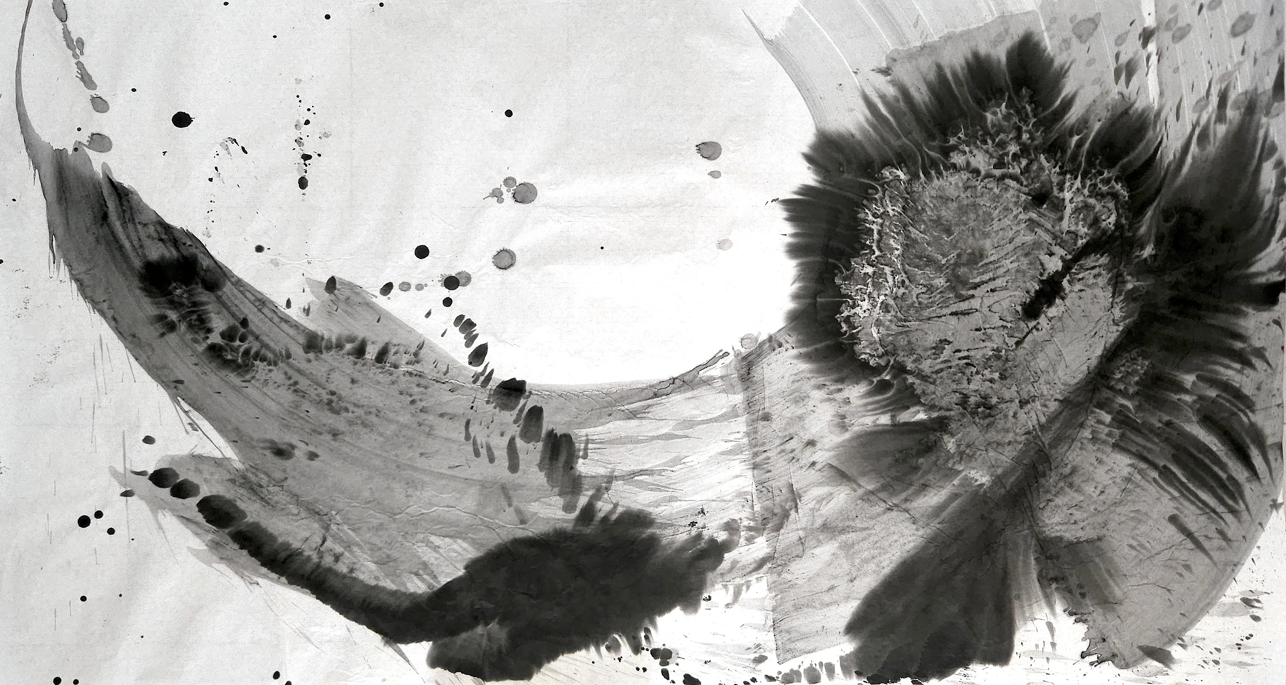 A grey arc sweeps from top left across the bottom into a dark radiating burst at right, with a dark blob below centre and spatter.