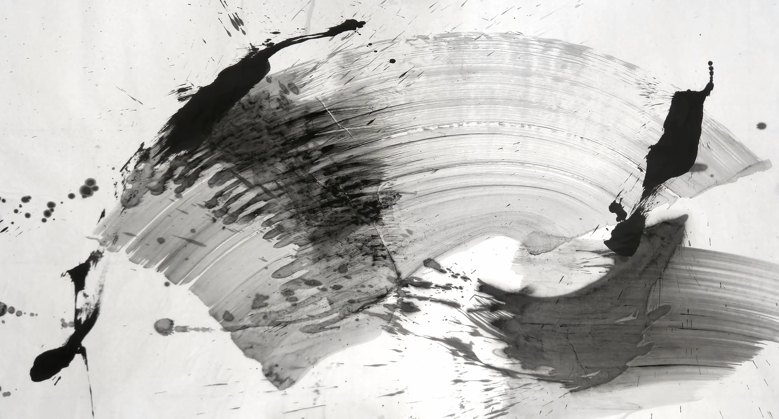 A wide grey brushstroke arcs across white paper above a darker grey sweep, with black vertical marks at right and left and scattered spatter.