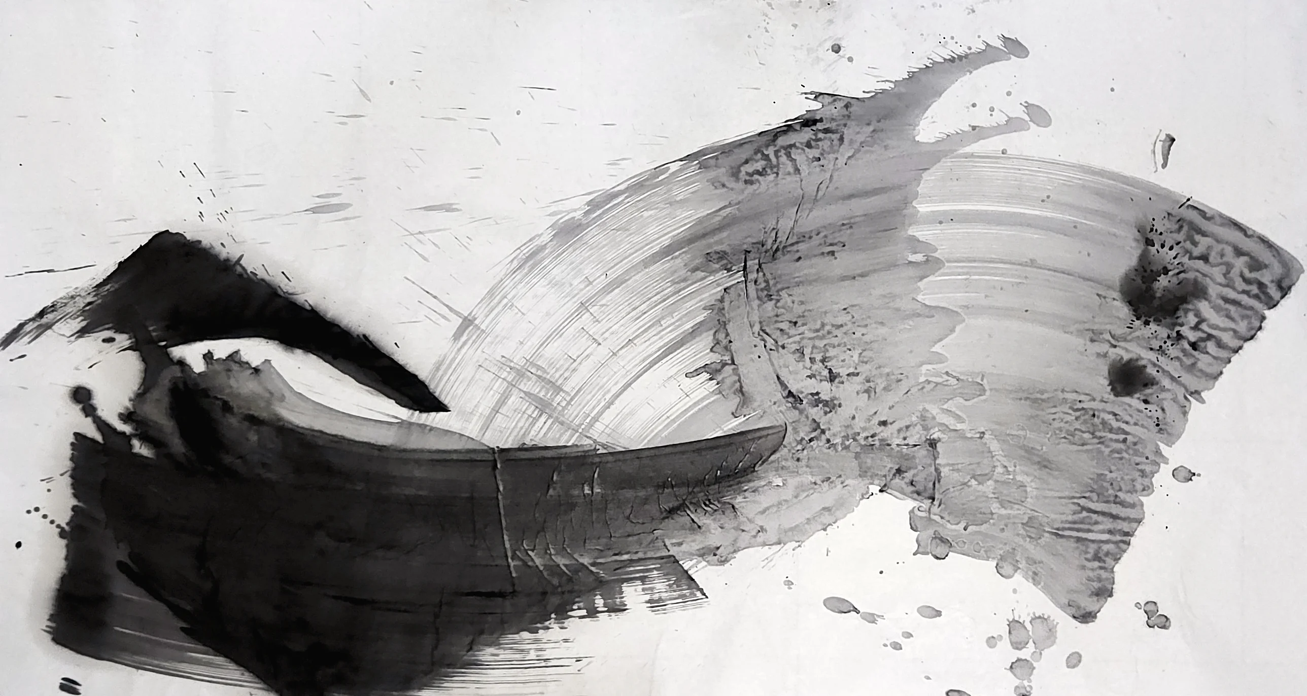 A black wedge and a heavy curved band at lower left lead into a wide streaked grey arc spreading right, with drips below.