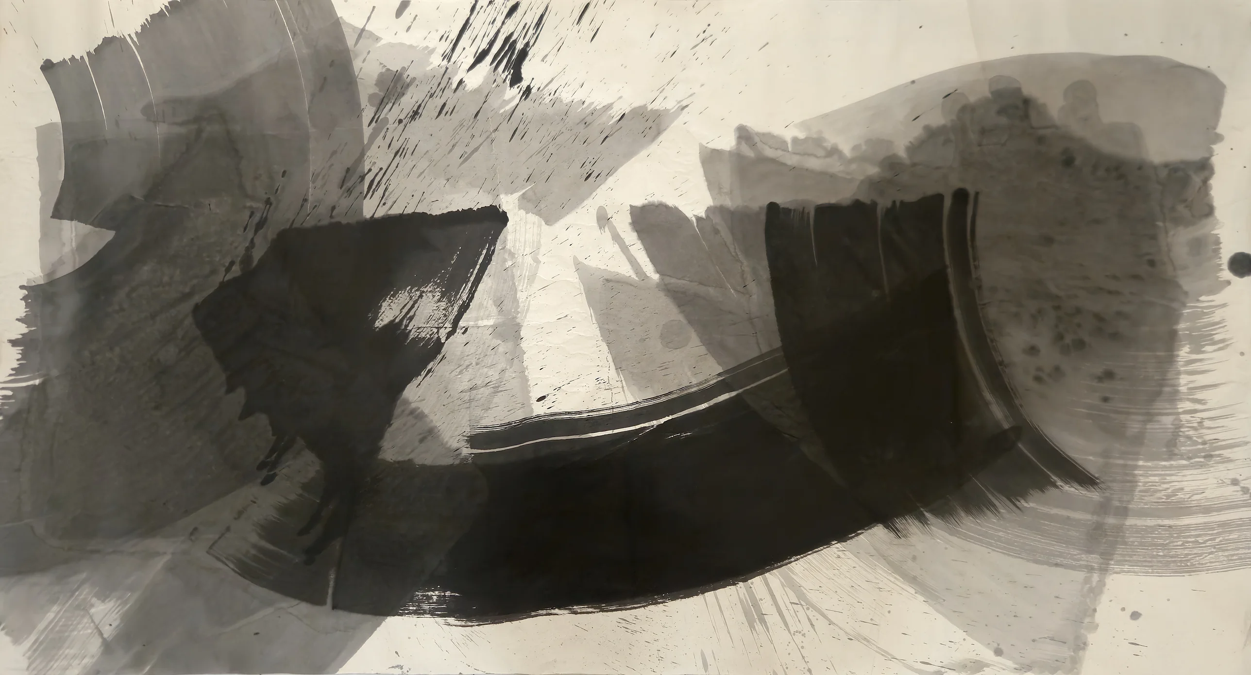 Grey washes at left, a dark wedge centre-left, and a long black curved stroke rising into a dark vertical block at right.
