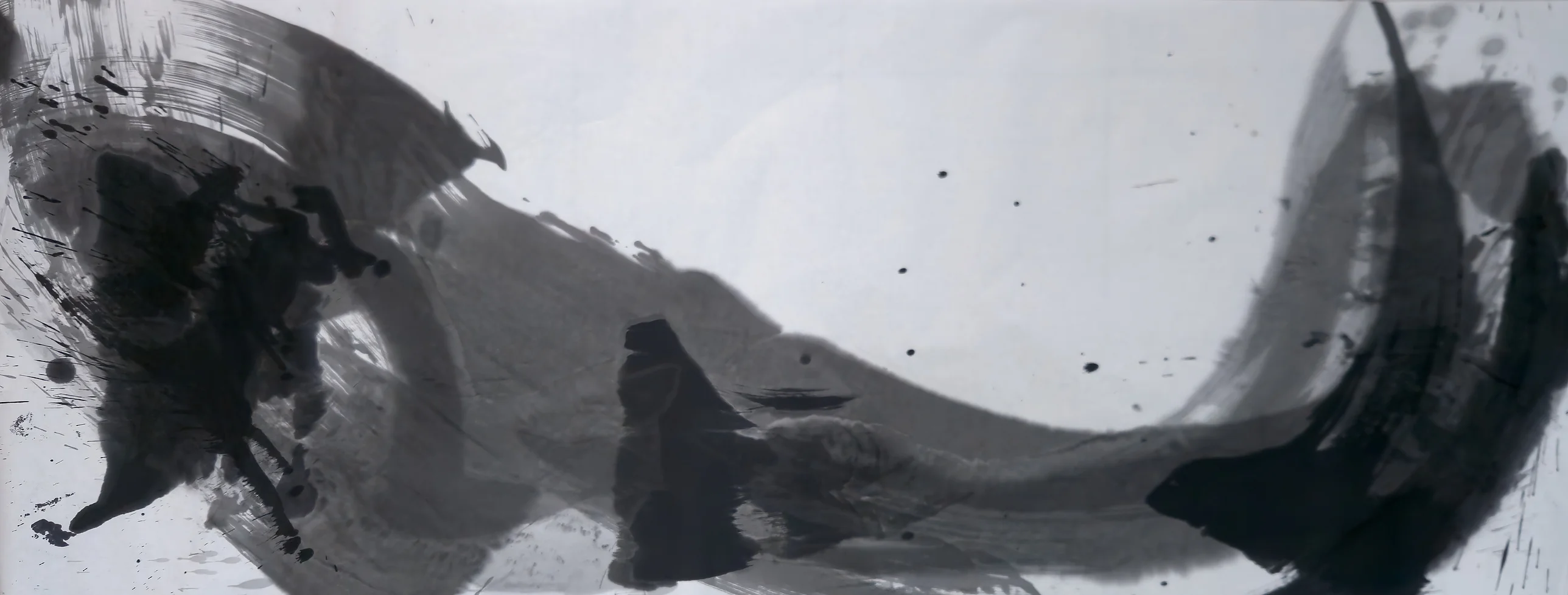 A wide grey brushstroke dips in a U across white paper, between a splattered black mass at left and a rising black crescent at right.