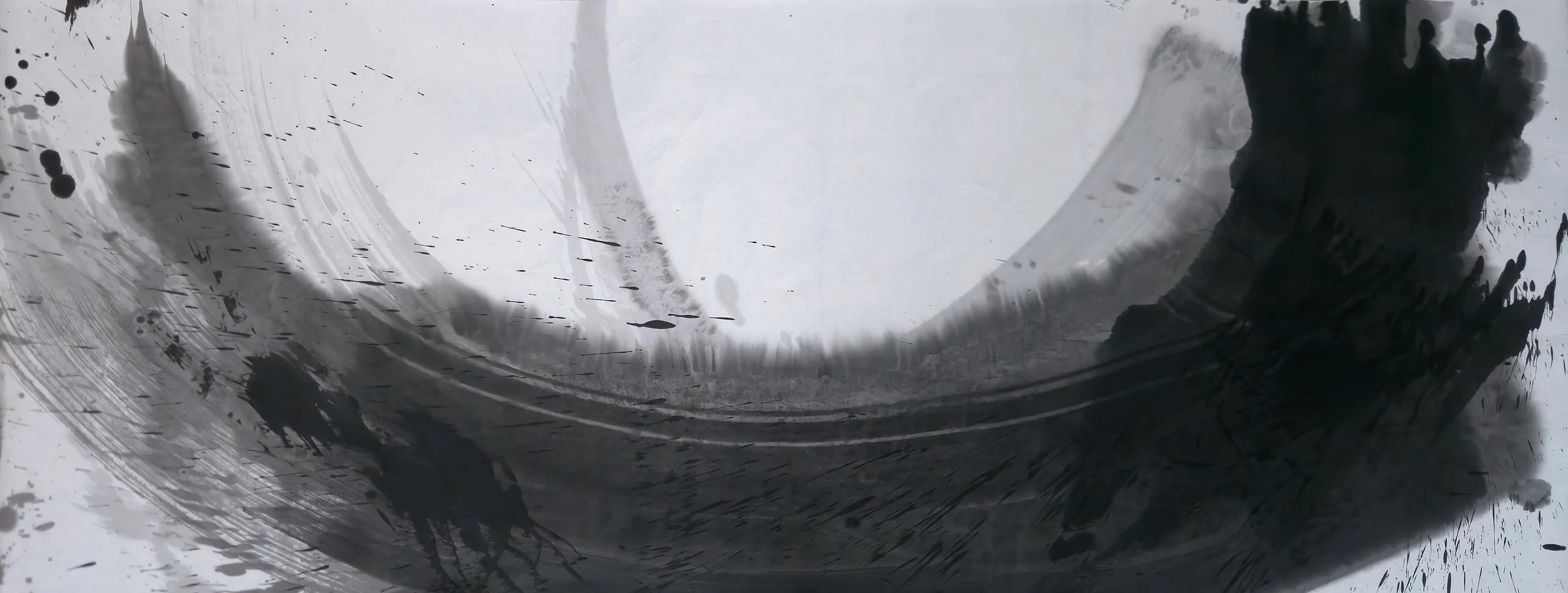 A grey arc sweeps from upper left along the bottom into a dense black mass at right, enclosing bare pale paper above.