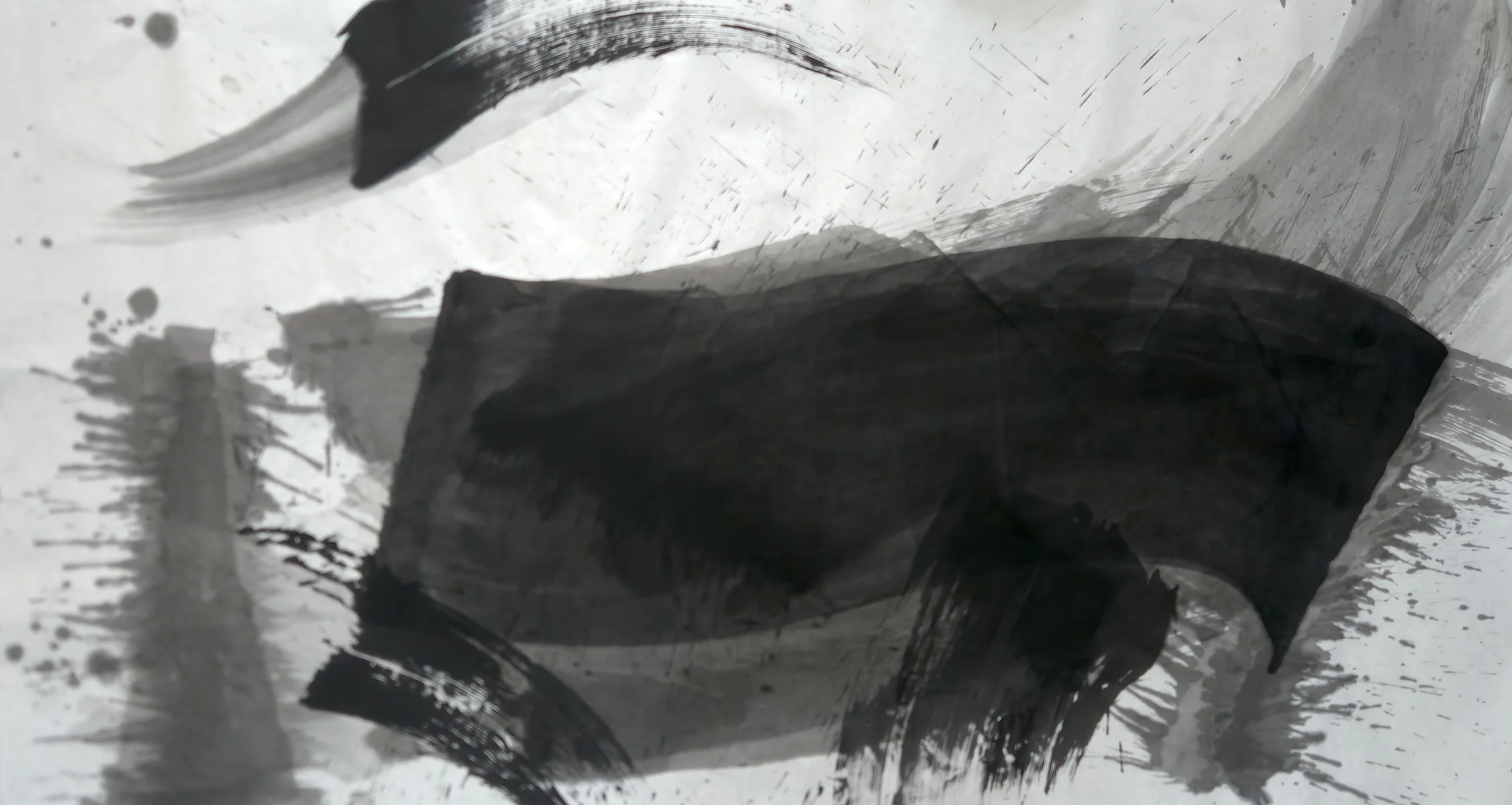 A large black block fills the centre; a hooked black stroke with a grey streaked tail sits top left; black arcs and spatter below.