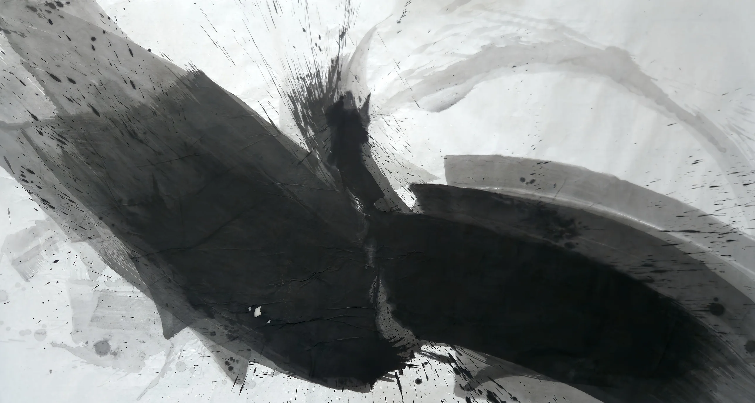A wide black diagonal mass from upper left meets a curved black arc on the right, with upward ink spray at centre and pale grey washes.