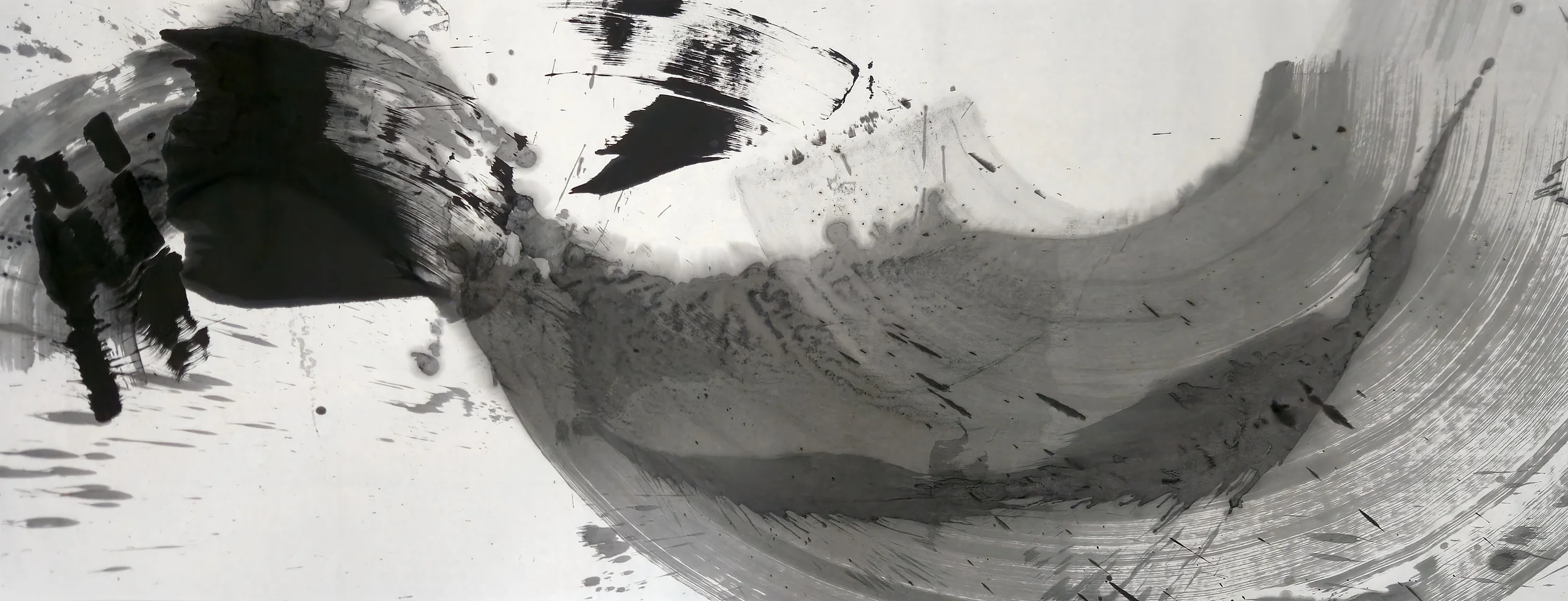 A wide grey ink crescent sweeps from centre to upper right, with a dense black slab, black wedge and vertical marks at upper left.