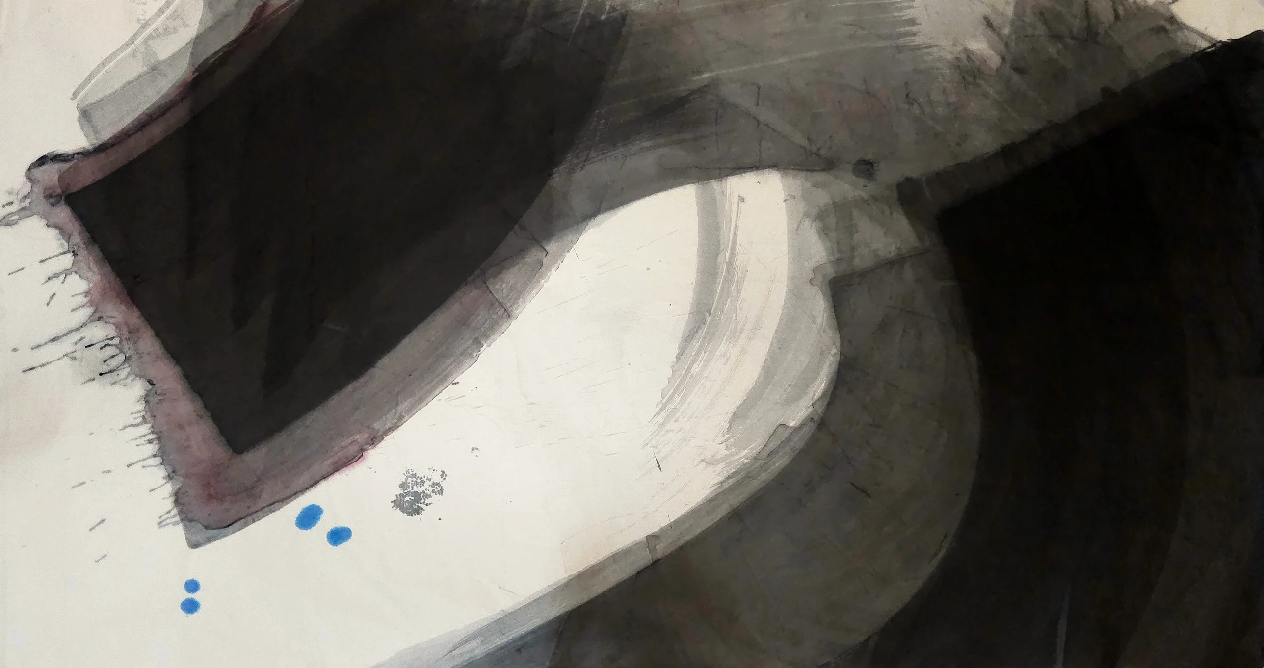 A black wedge edged in rose at upper left and a black mass at right flank a curving white channel; blue dots sit lower left.