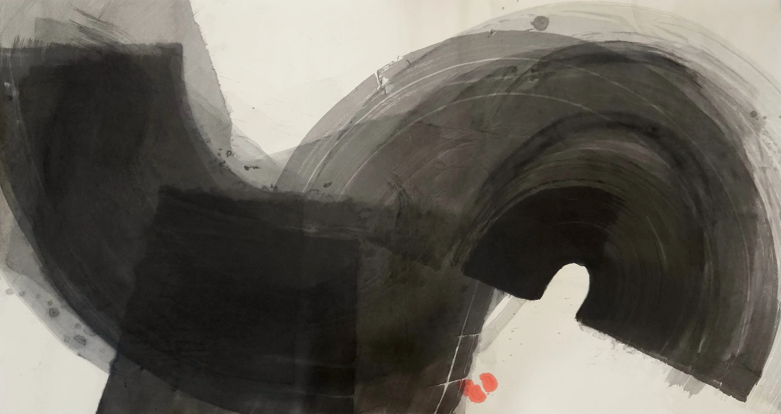 Landscape ink painting: grey-black curve at left, dark square block lower centre, large banded black arch hooking down at right, small red dots below.