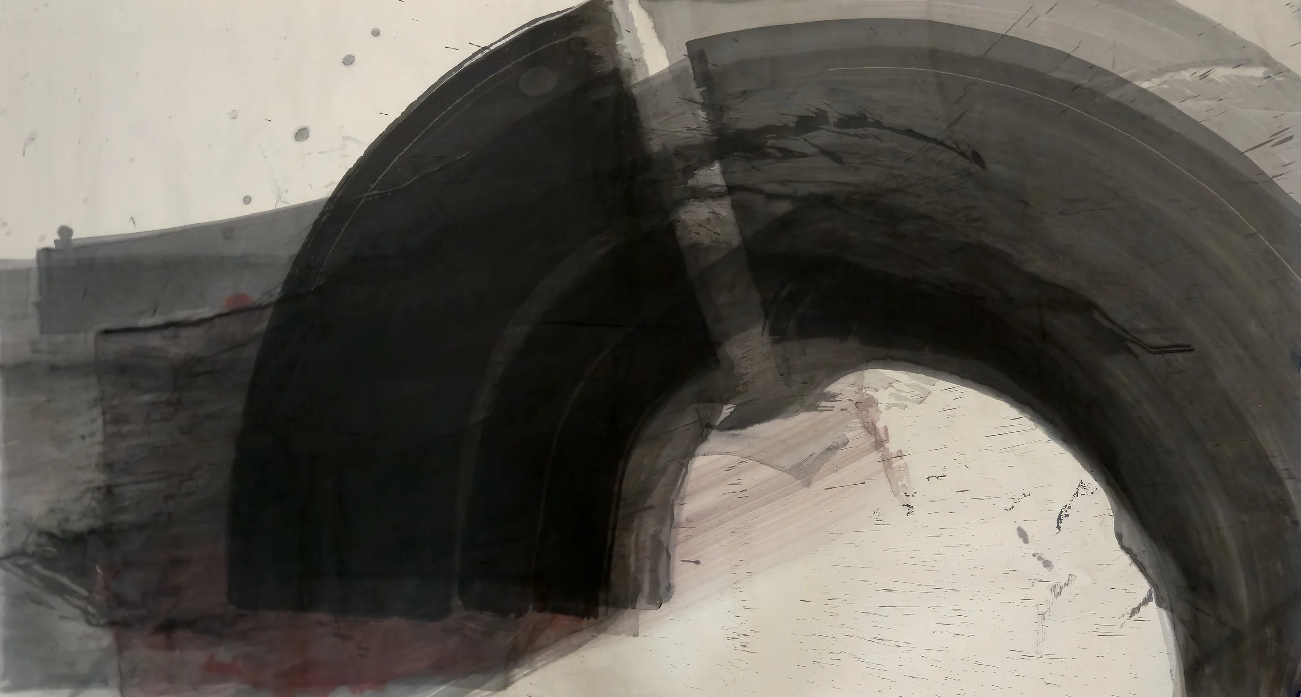 A broad black and grey arch sweeps from lower left to the right edge, enclosing a white opening, with grey rectangles stacked at left.