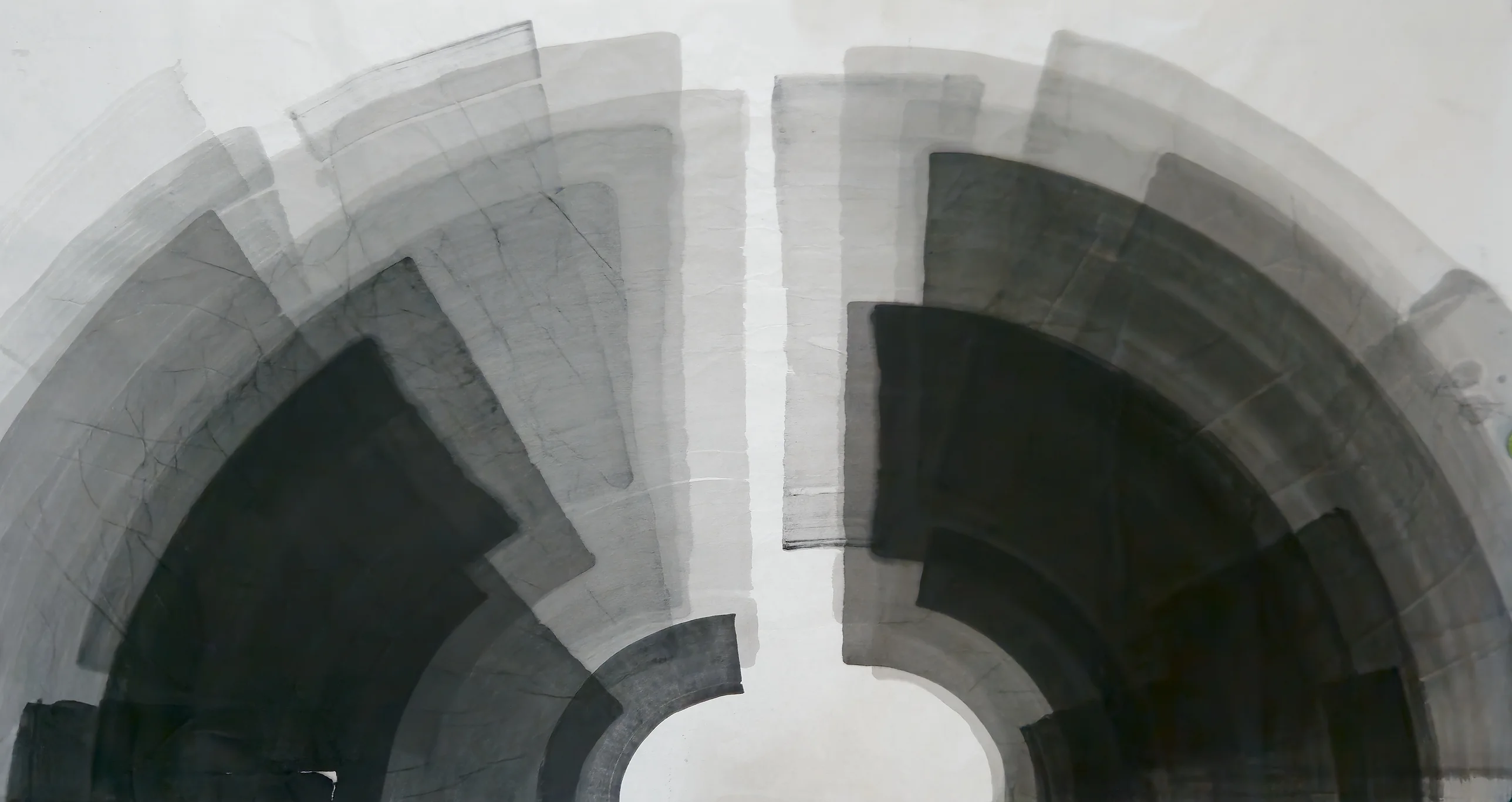 Two fans of curved grey to black bands rise either side of a white vertical channel above a small white circular opening at bottom centre.
