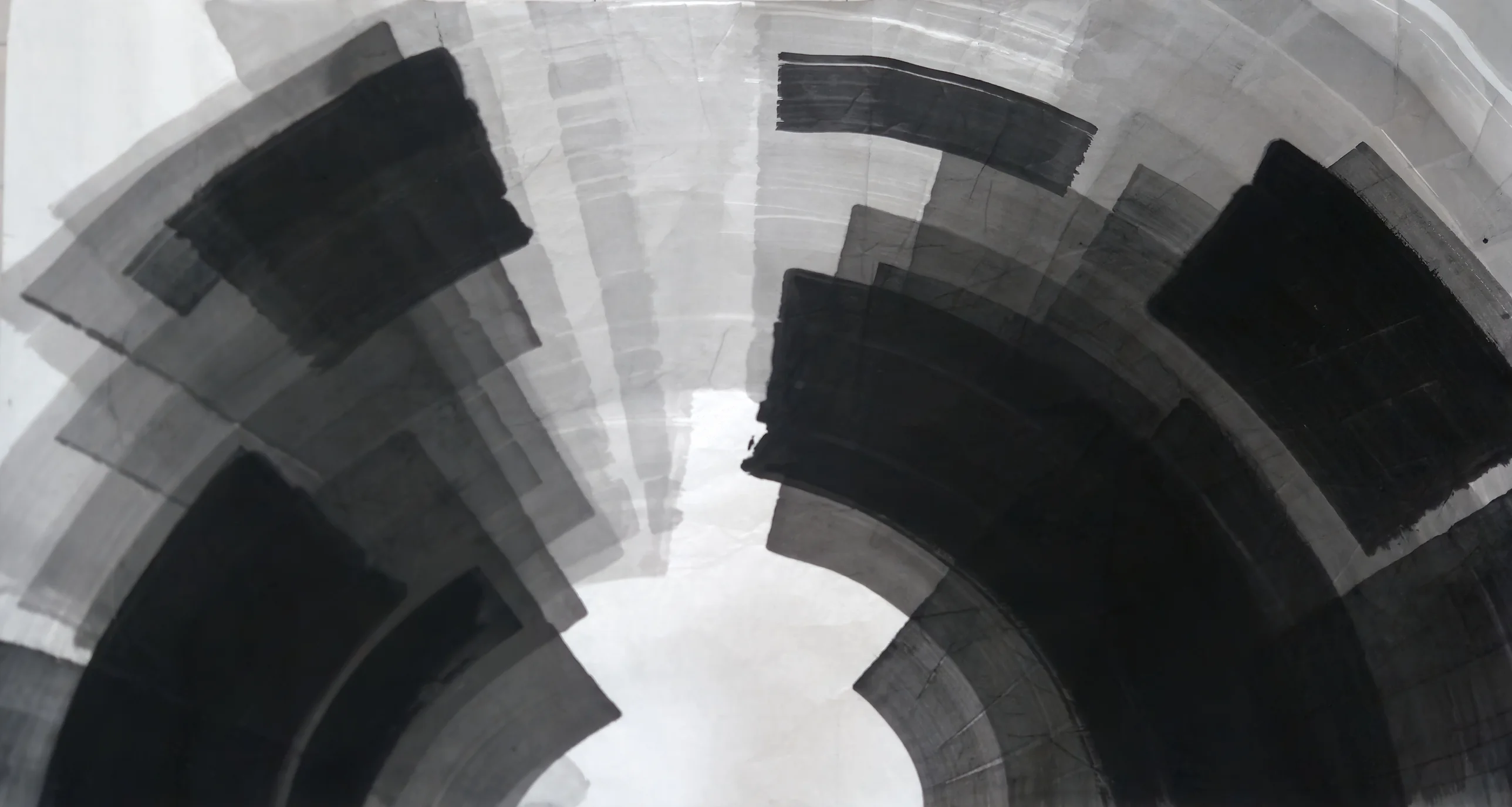 Wide ink painting: two fans of black and grey curved bands sweep in from left and right around a white arch at bottom centre.