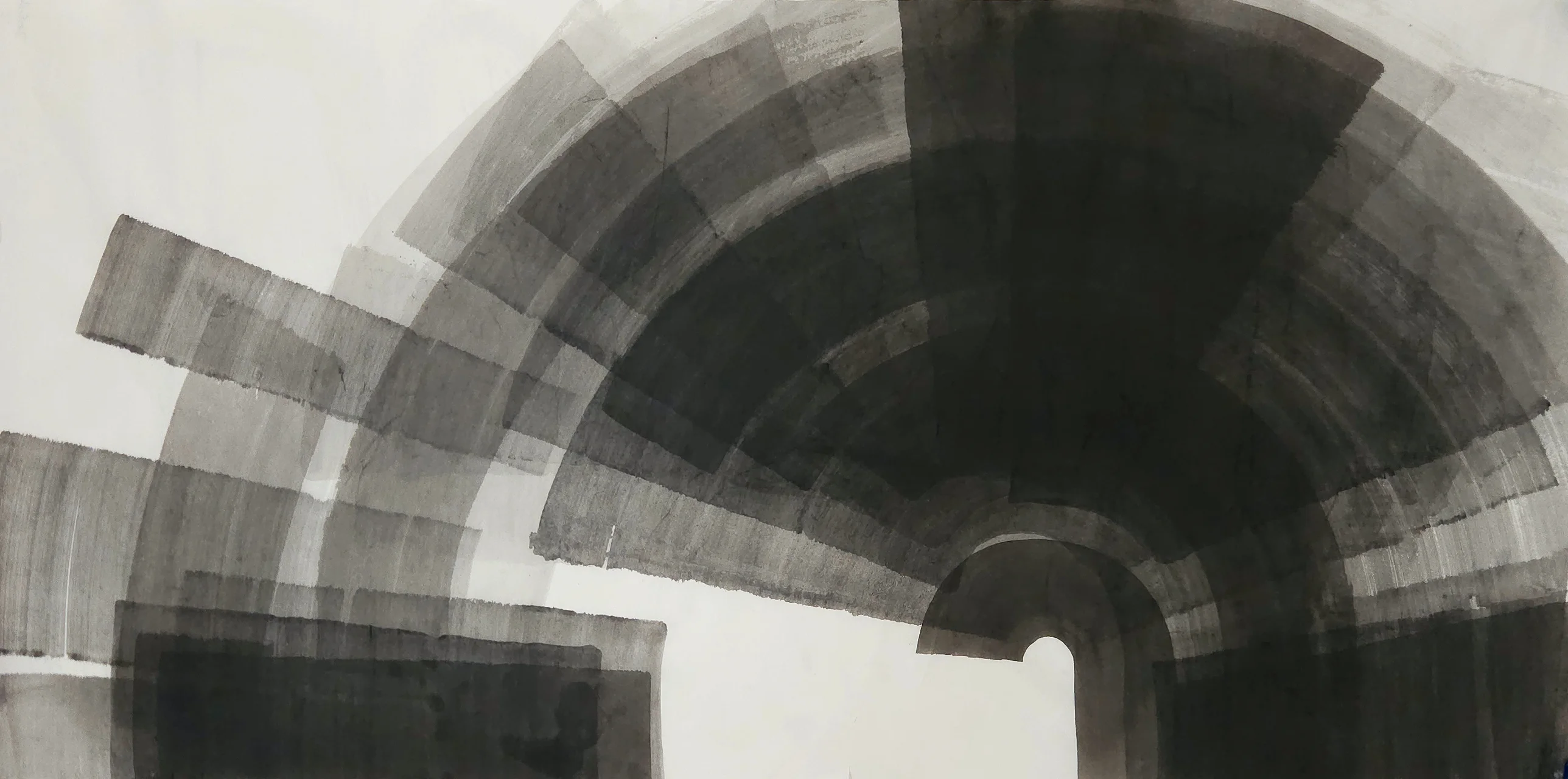 Long sheet with a fan of grey to black bands arching toward a small white opening lower right, grey bars and a dark block at left.
