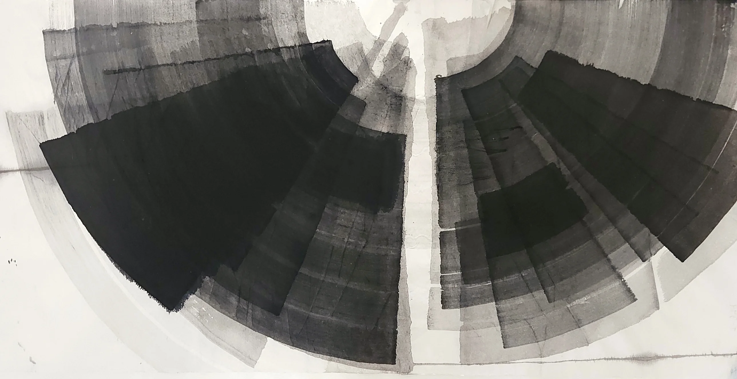 Two fans of black and grey arc bands spread left and right from a narrow white vertical gap, beneath a pale half-circle at top centre.