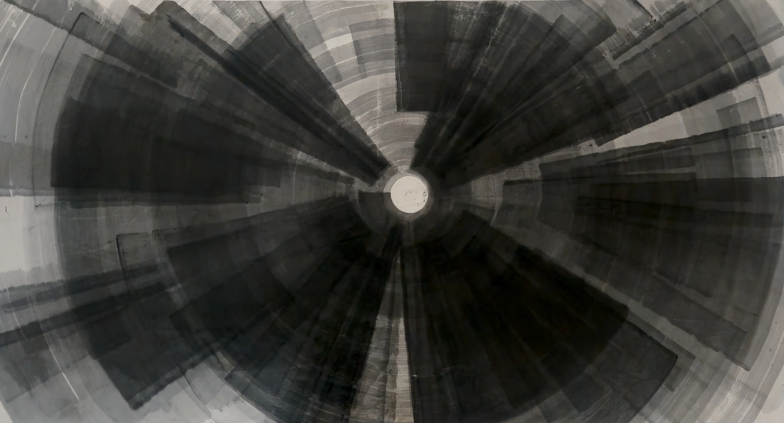 A dark radial burst of wide grey and black brush wedges spreading from a small white circle just above the centre of a wide sheet.