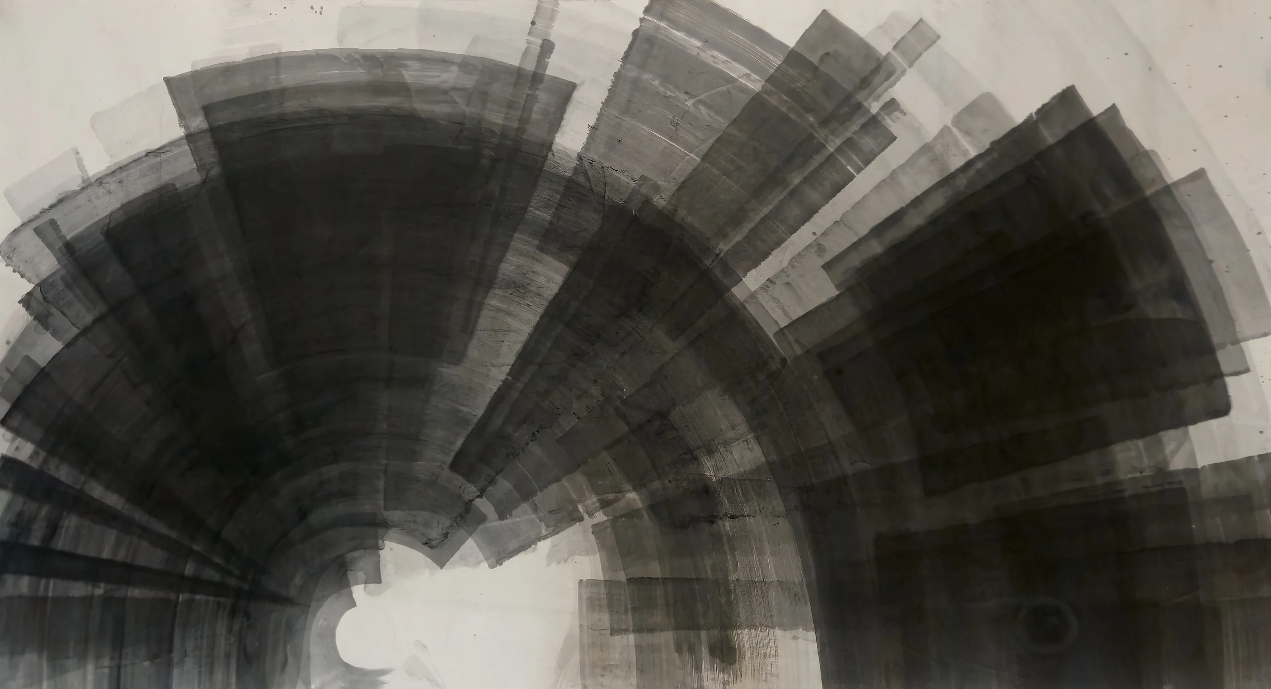 Wide grey and black ink bands fan in a great arc around a small white opening at bottom centre, heaviest and blockiest on the right.