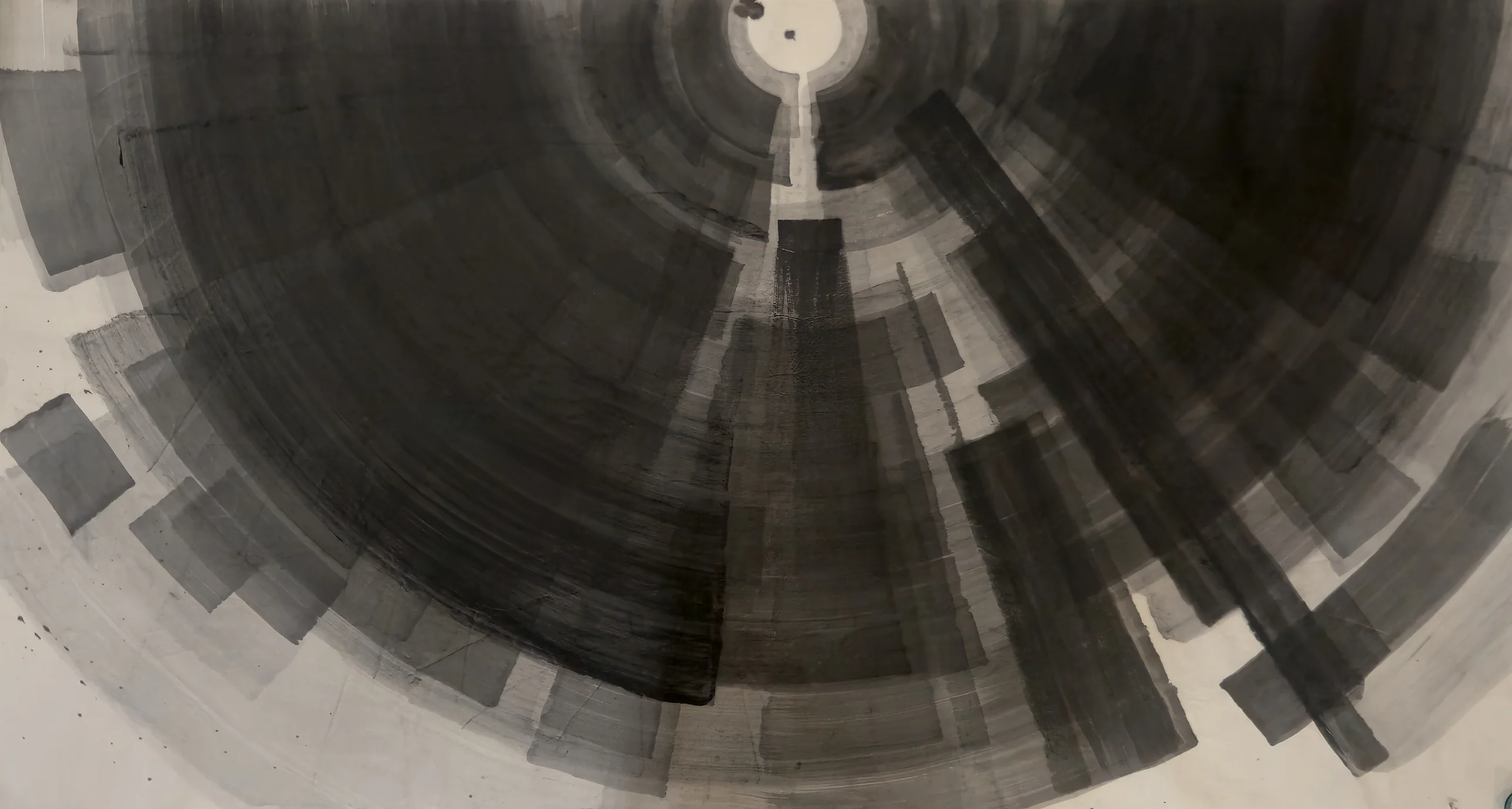 A large dark fan of concentric and radial ink bands on pale paper, converging on a small white circle at top centre holding two dots.