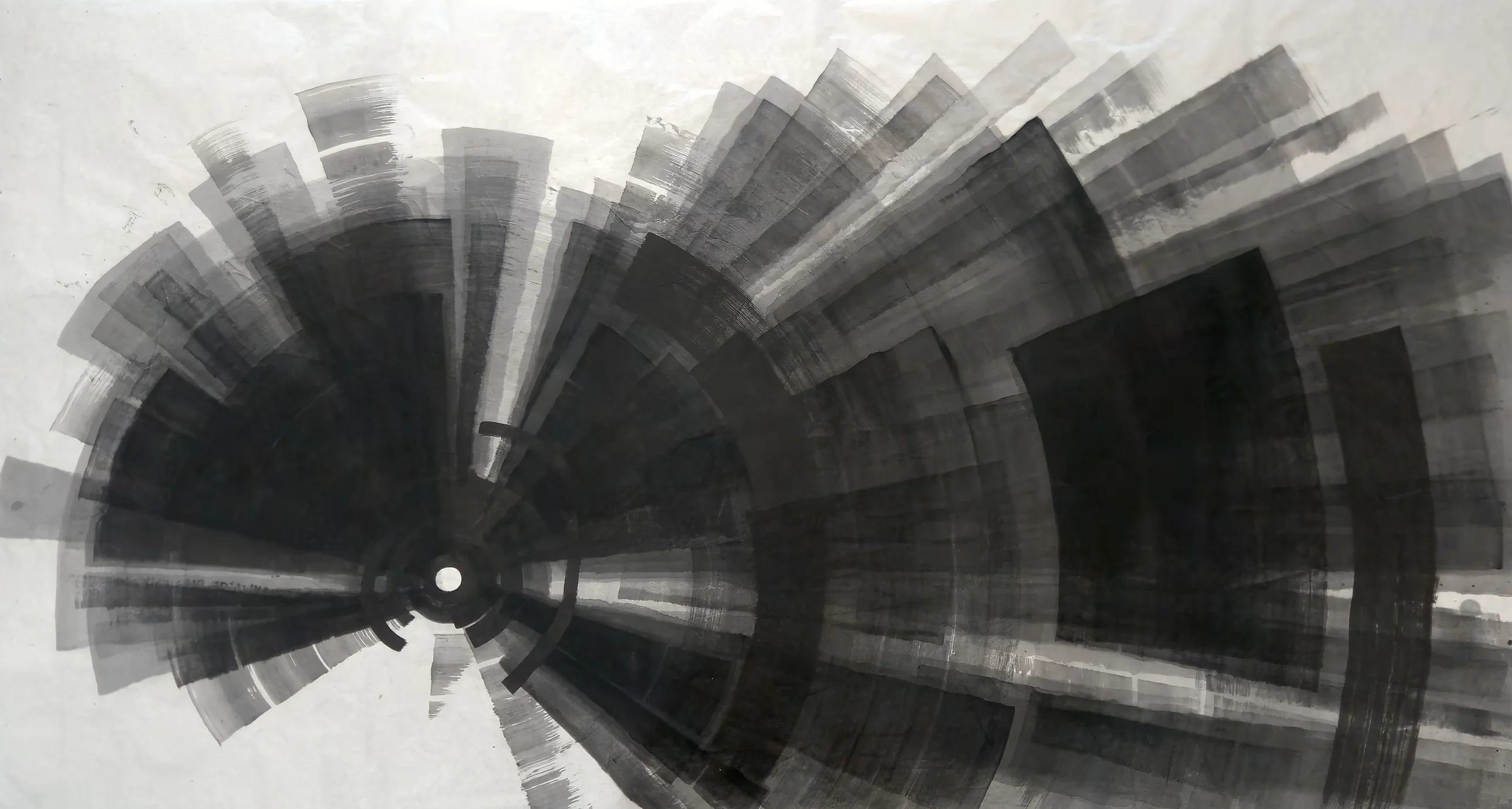 Grey and black rectangular blades fan in a wide spiral from a small white circle at lower left toward heavy dark blocks at right.