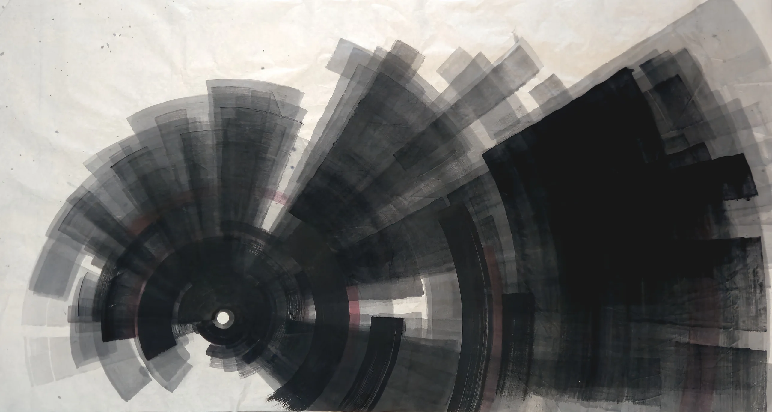 Landscape ink painting: black rings around a small white hole at left, grey rectangular blades fanning up and right into a large black block.