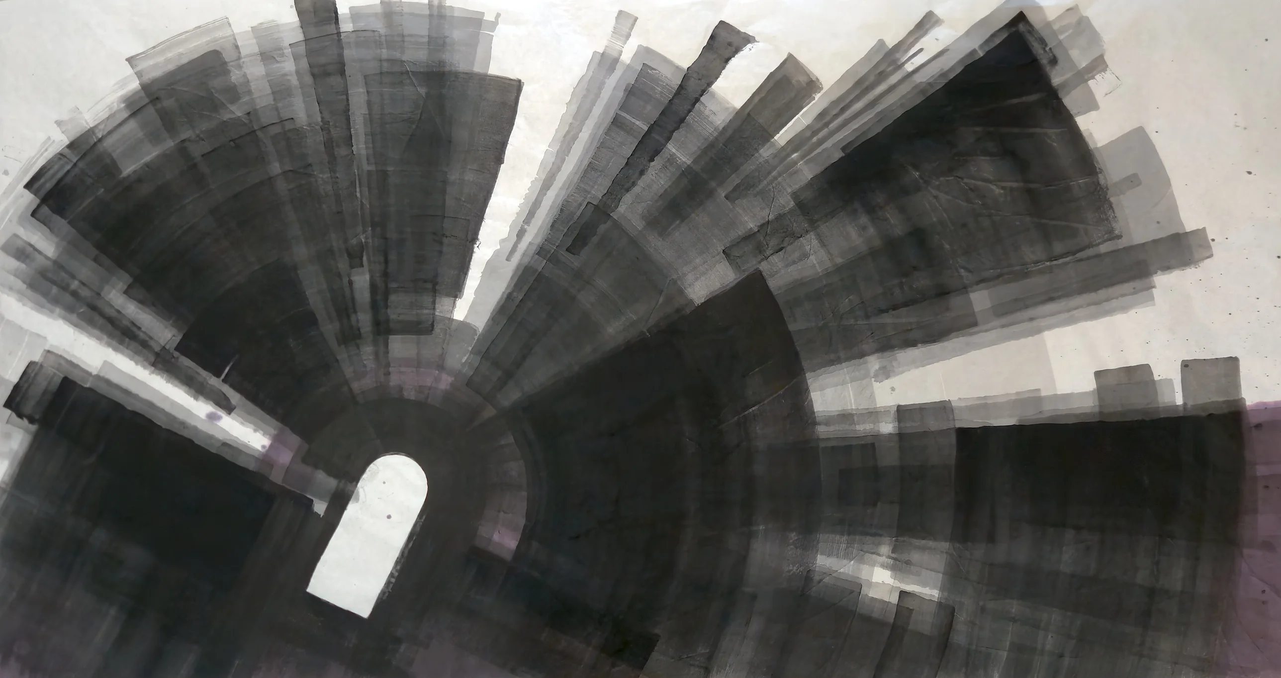Broad grey and black bands fan out from a small white arched opening low left of centre, with dense dark masses across the bottom.