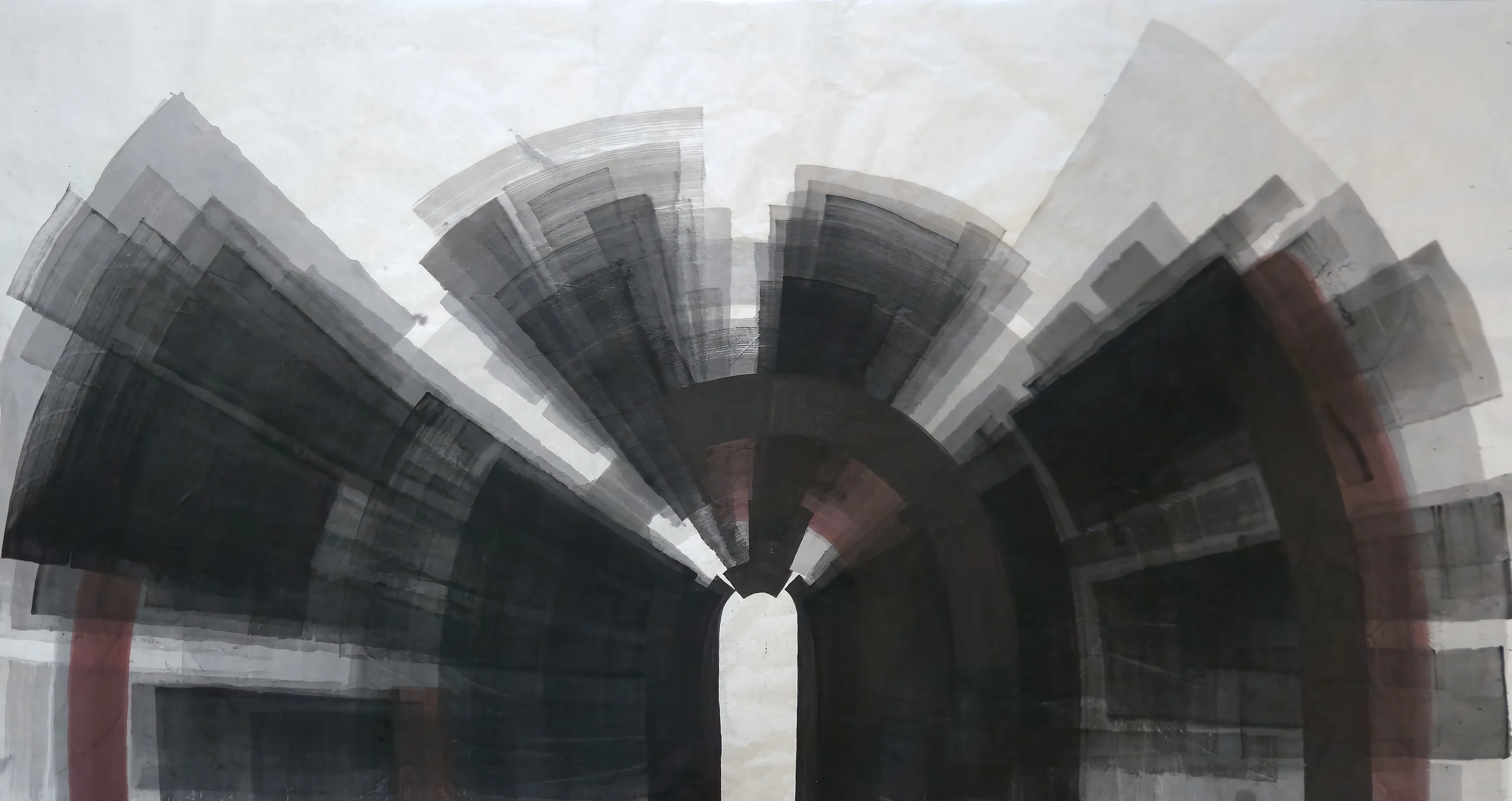 A wide radiating fan of translucent grey and black blades curves around a dark arch over a narrow white slot, with red vertical bands.