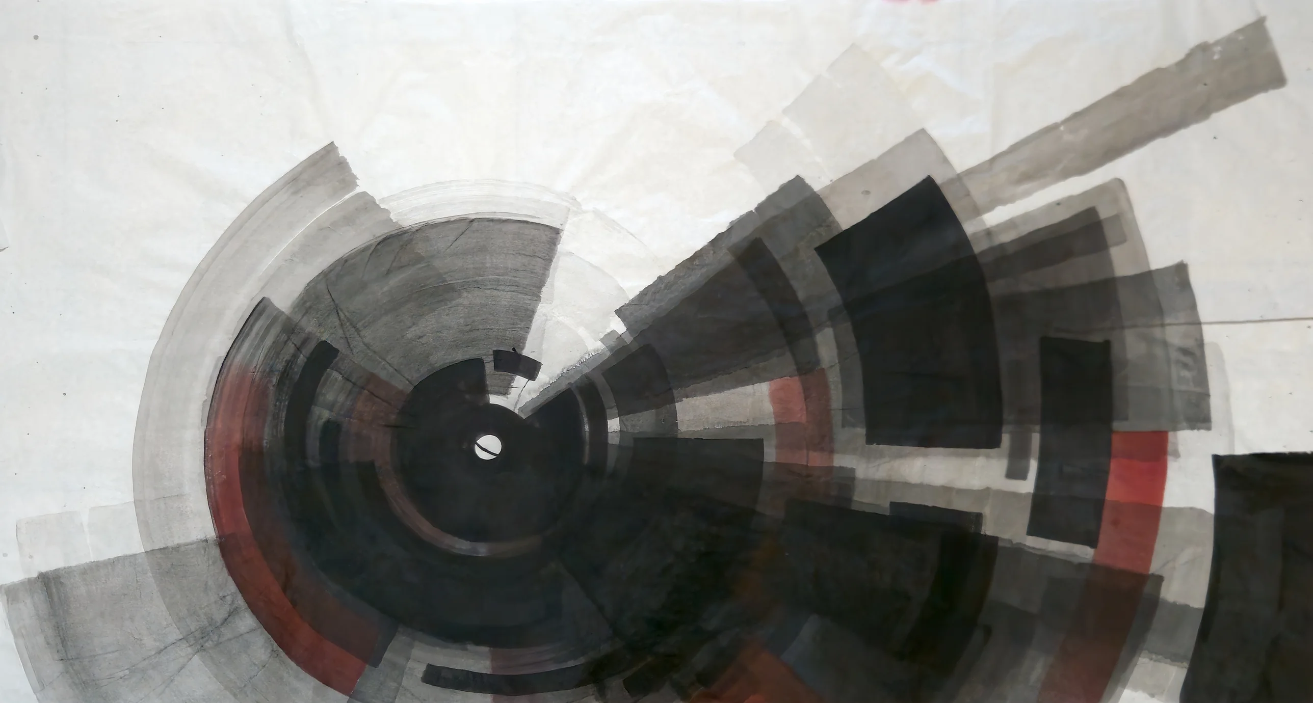 Grey and black ring segments circle a small white hub left of centre, fanning into translucent wedges and black blocks toward the upper right, with red arcs.