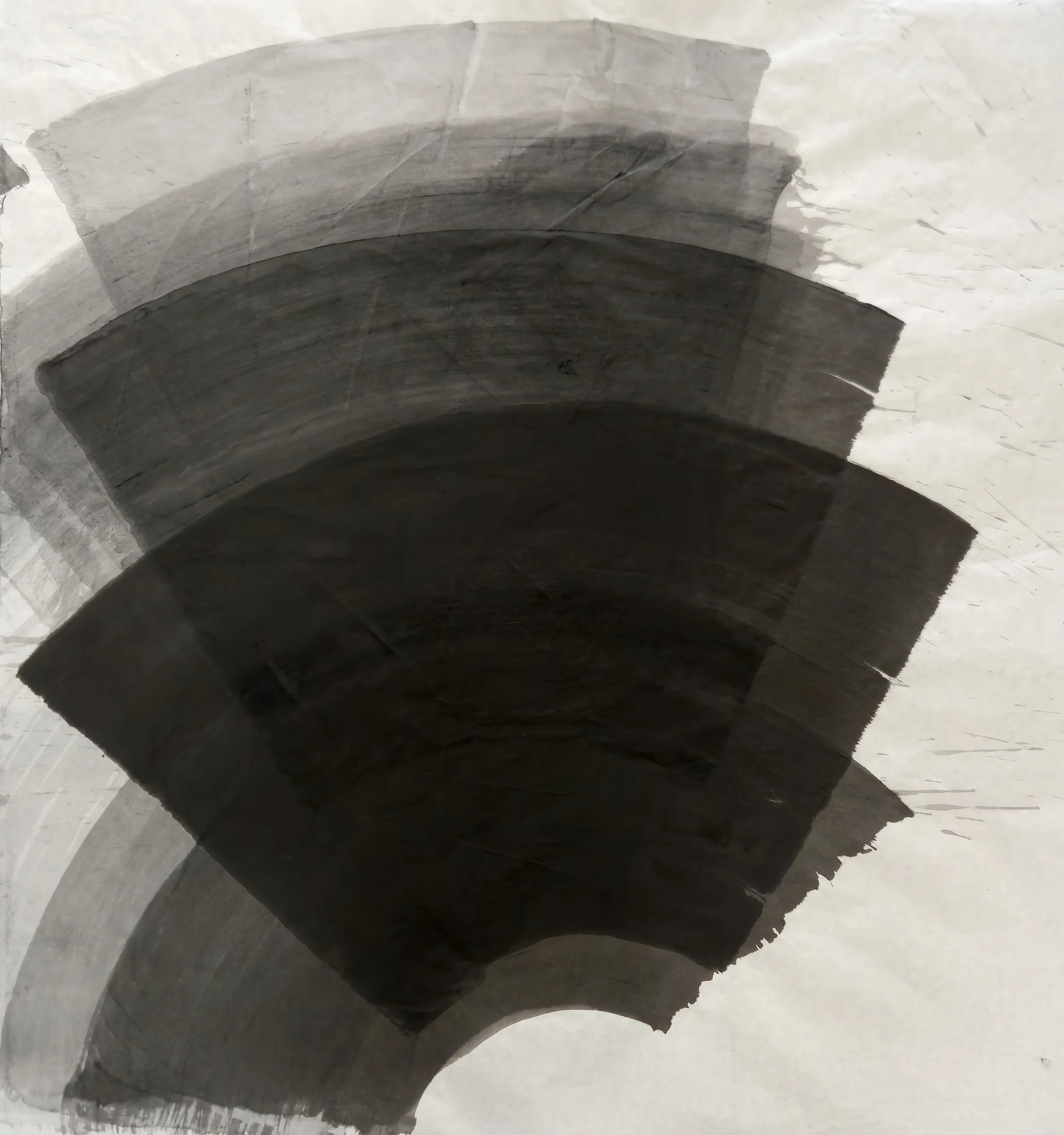 Stacked arc-shaped ink bands, pale grey at top to near black at centre, fan upward from a curved gap at bottom; right side mostly blank.