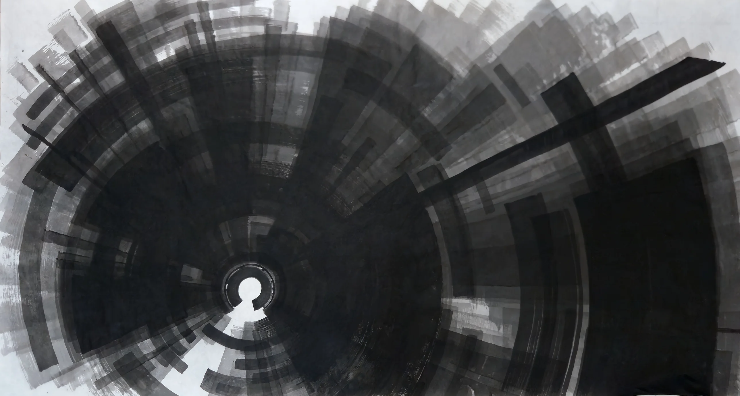 Black and grey brush bands spiral around a small white circle left of centre, with a dark rectangle at right and pale paper at the corners.