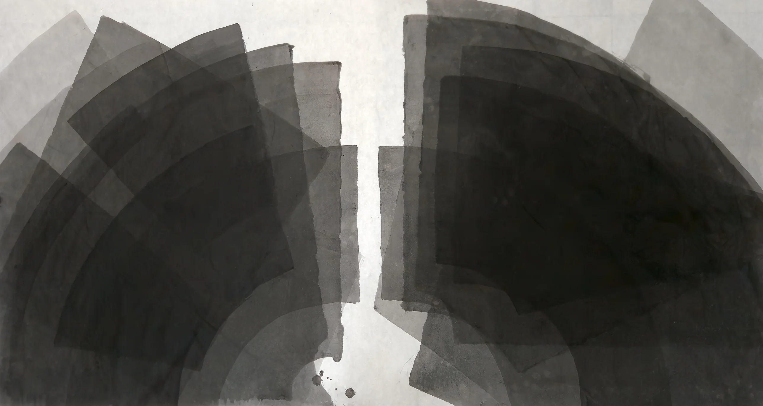 Two fan-shaped masses of overlapping grey bands rise from the bottom edge, separated by a narrow white vertical gap; the right mass is darker.