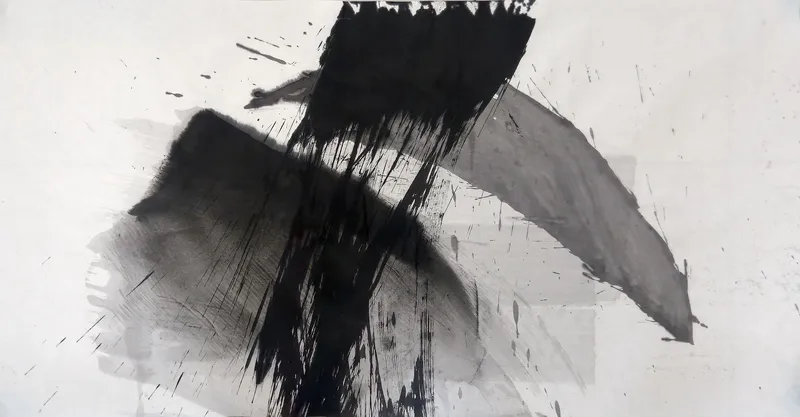 T_119: A black vertical band, streaked below, crosses a dark left arc and a pointed grey right arc, with spatter on pale paper.