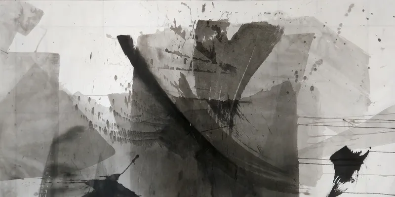T_127: A black diagonal arc crosses a large grey central block among pale grey planes, with spatter above and black blots lower left and right.