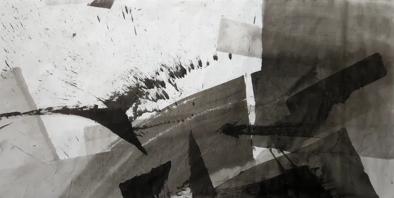 T_128: A curved black stroke sweeps from the left beneath spattered white paper, with overlapping grey and black rectangles massed across the right and bottom.