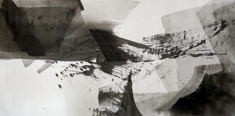 T_130: Wide grey and black ink: dark trapezoid upper left, black wedge centre streaking right, pale planes right, cloudy black mass bottom right.