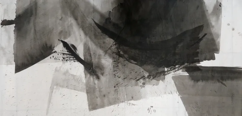 T_131: Wide ink painting: overlapping grey rectangles, a dark curved stroke and black mass at upper right, diagonal spatter, bare paper along the bottom left.