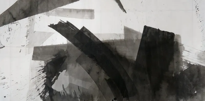 T_132: Black and grey ink bands arc diagonally across pale paper, beside a tall black block at right, with a dark mass at lower right and spatter.