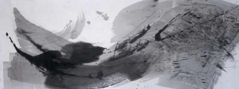 T_149: Wide grey and black ink painting: dark sweeping strokes at lower left rise toward a large mottled grey mass with dark streaks on the right.