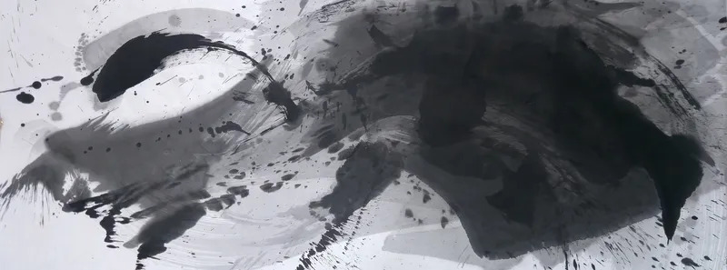 T_150: Wide black and grey ink painting: a black crescent upper left, pale sweeping grey arcs, spatter, and a large dark mass filling the right half.