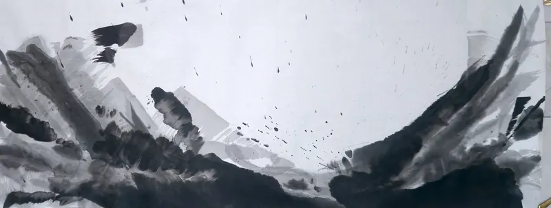 T_154: Wide ink landscape: dark masses rise from both lower corners in a bowl shape, grey diagonals at left, spatter across pale open sky.