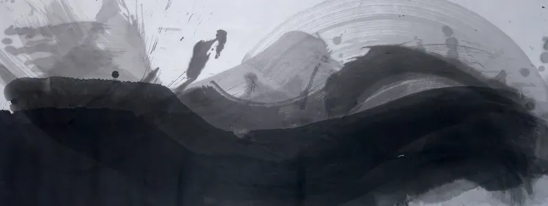 T_157: Wide ink painting: a heavy black wave fills the lower half, a streaked grey arc curls upper right, and pale grey splashes sit upper left.