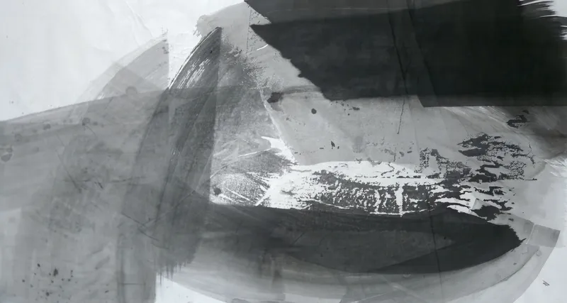 T_166: Wide ink painting: a black slab at top right, a dark curved sweep along the bottom, a broken pale band between, grey washes left.