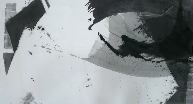 T_172: Black and grey ink: a dark slab top left, a large black arc top right, a grey tapering sweep across the centre.