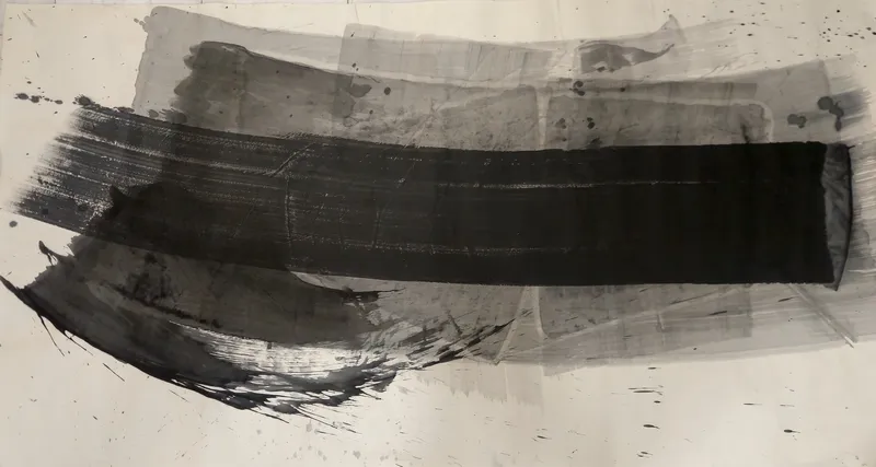 T_179: A thick black horizontal band crosses grey rectangular washes on pale paper, with a ragged dark sweep at lower left and scattered spatter.