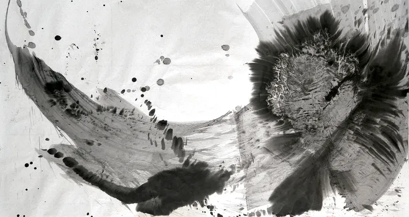 T_184: A grey arc sweeps from top left across the bottom into a dark radiating burst at right, with a dark blob below centre and spatter.