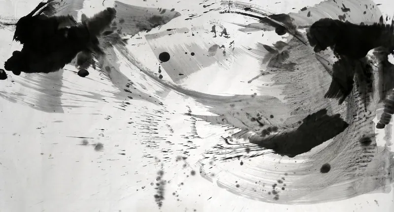 T_193: Wide ink painting: grey sweeping arcs in a rough circle, black masses at top left, top right and lower right, spatter across pale lower left.
