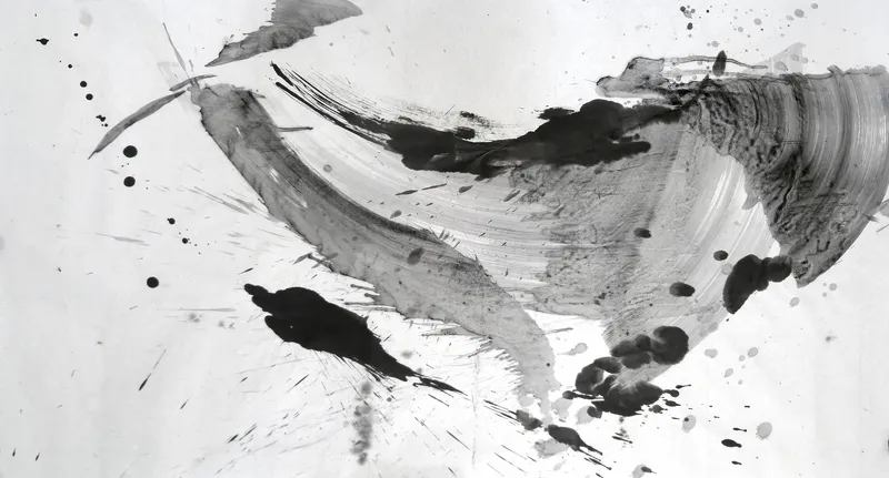 T_194: A wide grey curved brushstroke sweeping across pale paper, a striated grey fan at right, black blots below, scattered ink spatter.