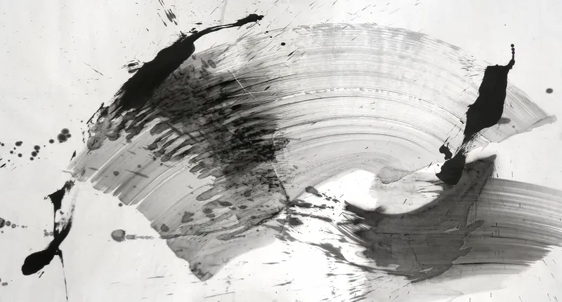 T_196: A wide grey brushstroke arcs across white paper above a darker grey sweep, with black vertical marks at right and left and scattered spatter.