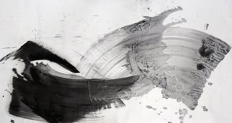 T_197: A black wedge and a heavy curved band at lower left lead into a wide streaked grey arc spreading right, with drips below.